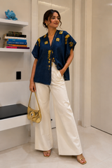 Evil Eye Embellish Denim Blouse