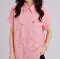Gleam Drawstring Sleeve Embellish Shirt