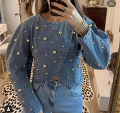 Denim Puff Sleeve Embellish Jacket