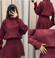 Wine Red Knit Sweater and Skirt Set