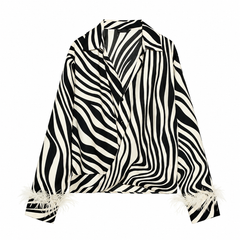 Zebra Luxe Feather Cuff Blouse