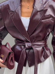 Chic Burgundy Faux Leather Belted Blazer