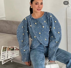 Denim Puff Sleeve Embellish Jacket
