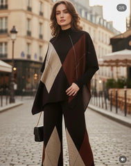 Elegant Geometric Knit Two-Piece Set (Poncho Top & Wide-Leg Pants)