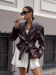 Chic Burgundy Faux Leather Belted Blazer