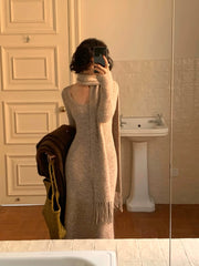 Ribbed Knit Backless Midi Dress with Scarf