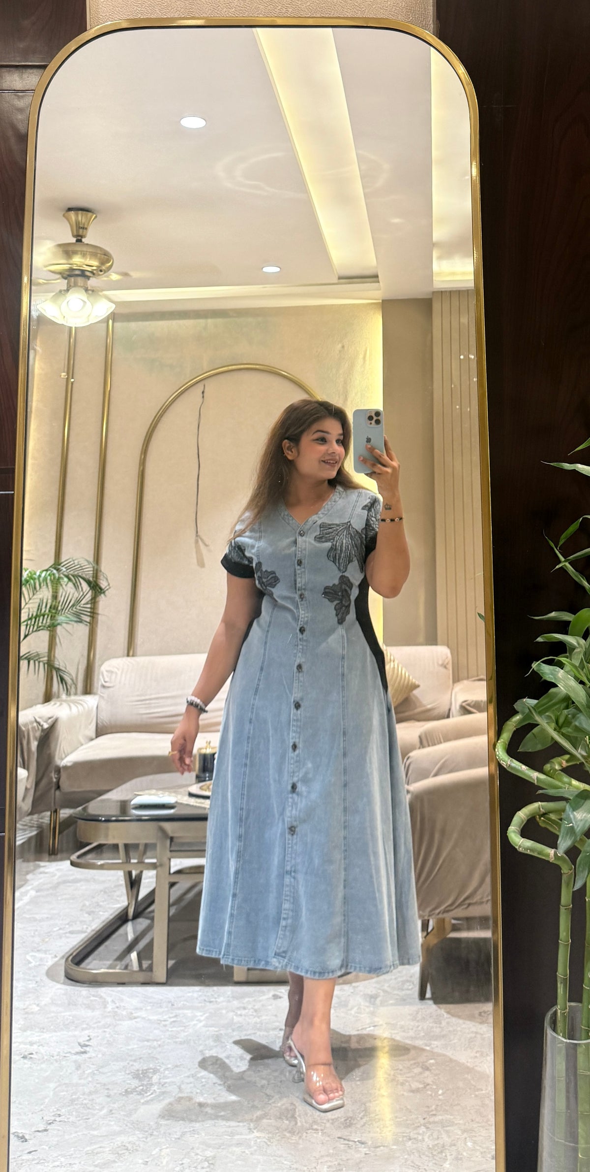 Denim Blossom Midi Dress
