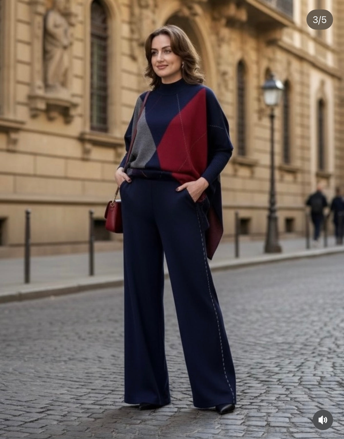Elegant Geometric Knit Two-Piece Set (Poncho Top & Wide-Leg Pants)