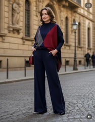 Elegant Geometric Knit Two-Piece Set (Poncho Top & Wide-Leg Pants)