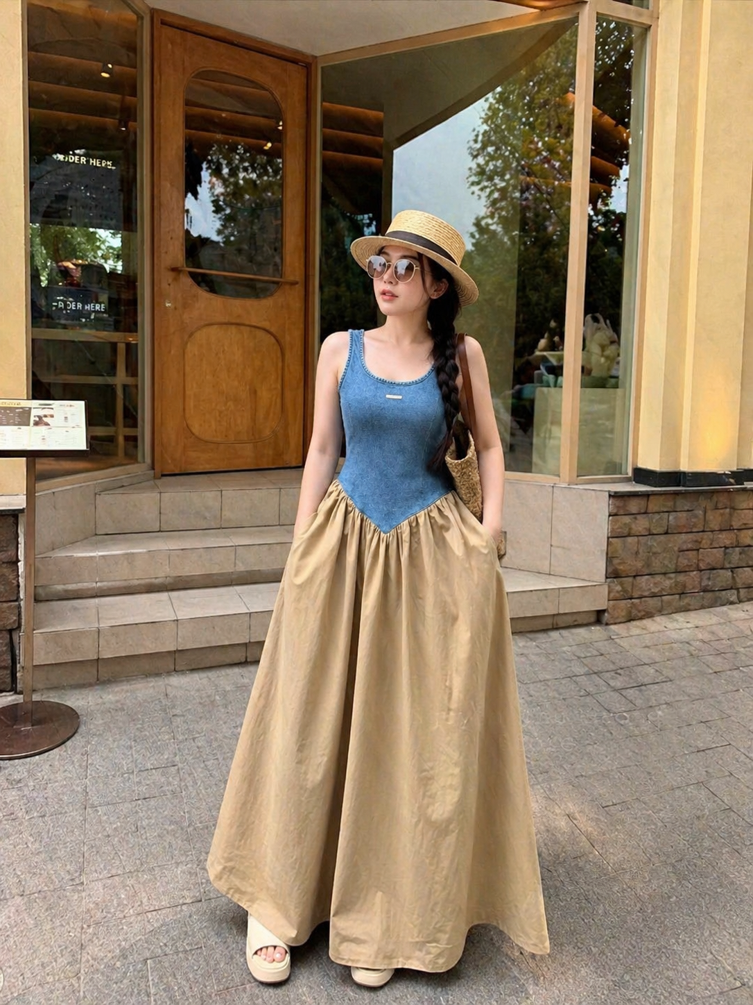 Sunlit Denim Bodice Maxi Dress