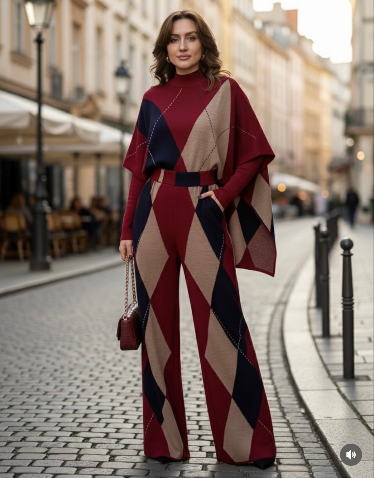 Elegant Geometric Knit Two-Piece Set (Poncho Top & Wide-Leg Pants)