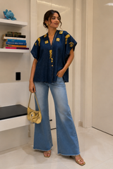 Evil Eye Embellish Denim Blouse