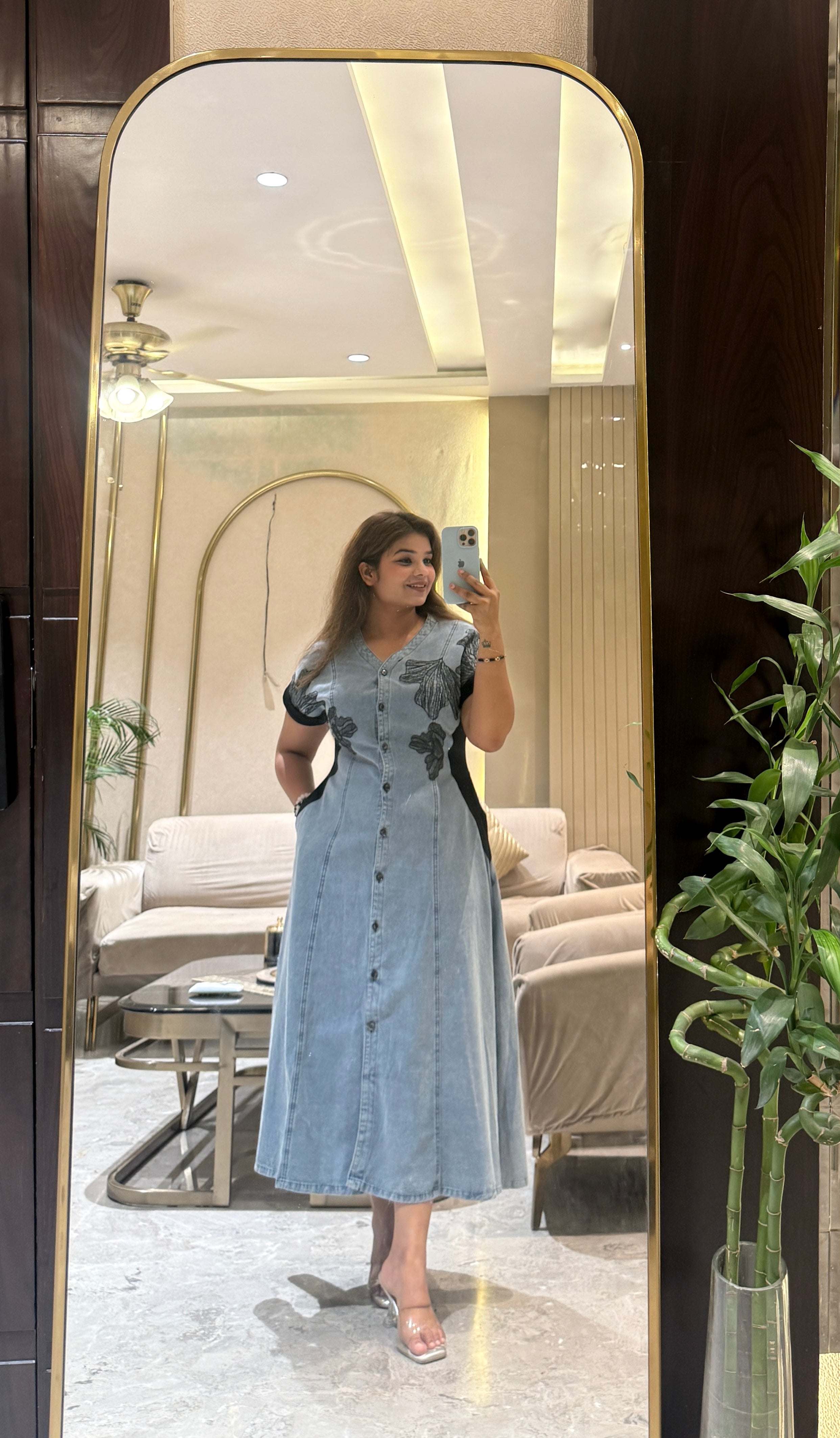 Denim Blossom Midi Dress