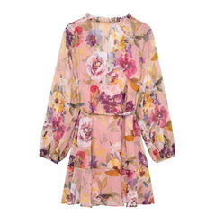 Indefeir Floral Ruffle Chiffon Mini Dress