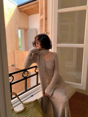 Ribbed Knit Backless Midi Dress with Scarf