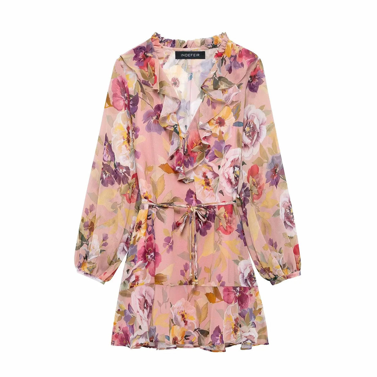 Indefeir Floral Ruffle Chiffon Mini Dress