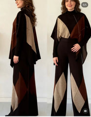 Elegant Geometric Knit Two-Piece Set (Poncho Top & Wide-Leg Pants)